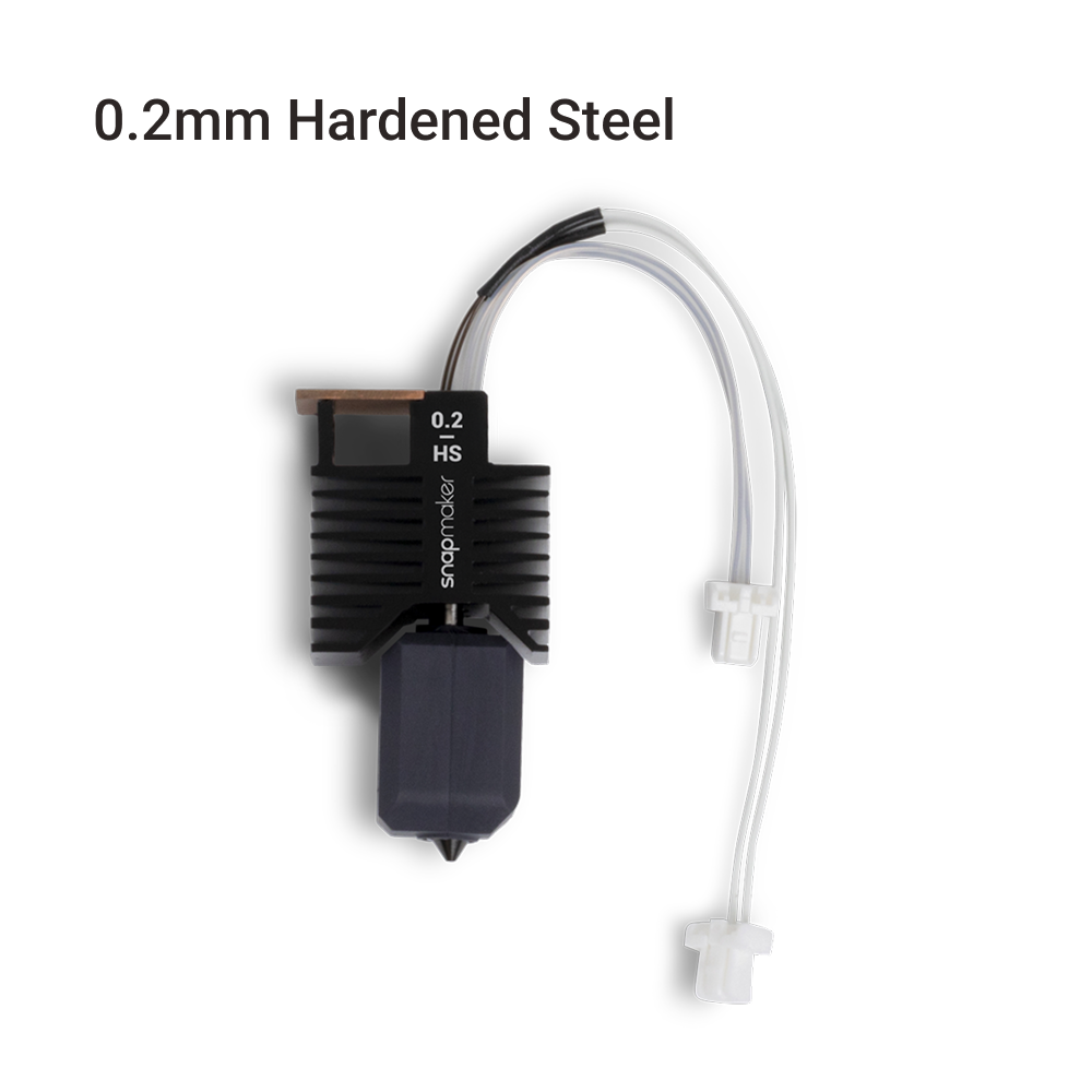 Snapmaker U1 0.2mm hardened steel hot end shown with finned heatsink, nozzle tip, and two tubes ending in connectors.