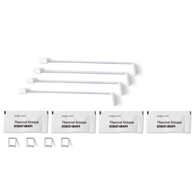 A comprehensive kit containing four ceramic heaters, four leaf springs, and four packets of thermal grease designed for the Snapmaker U1.