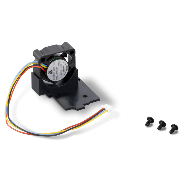 Snapmaker U1 hot end cooling fan on mounting bracket with connector cable and three screws.