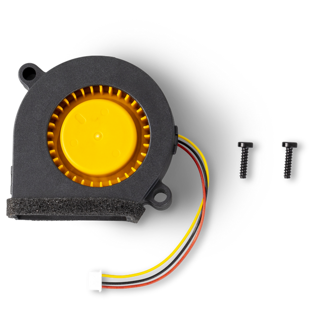 Snapmaker U1 part cooling fan with yellow blower wheel, wiring plug, and two mounting screws.