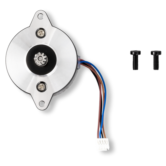 Extruder Motor for Snapmaker U1, front view with drive gear, wiring plug, and mounting screws.