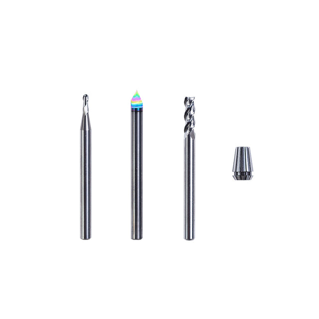 Snapmaker 4mm Shank CNC Bits set with three carving bits and one spindle collet on a clean background.