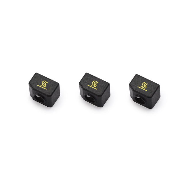 Three black Snapmaker hot end socks on a white background, used to protect the heater block during dual-extrusion printing.