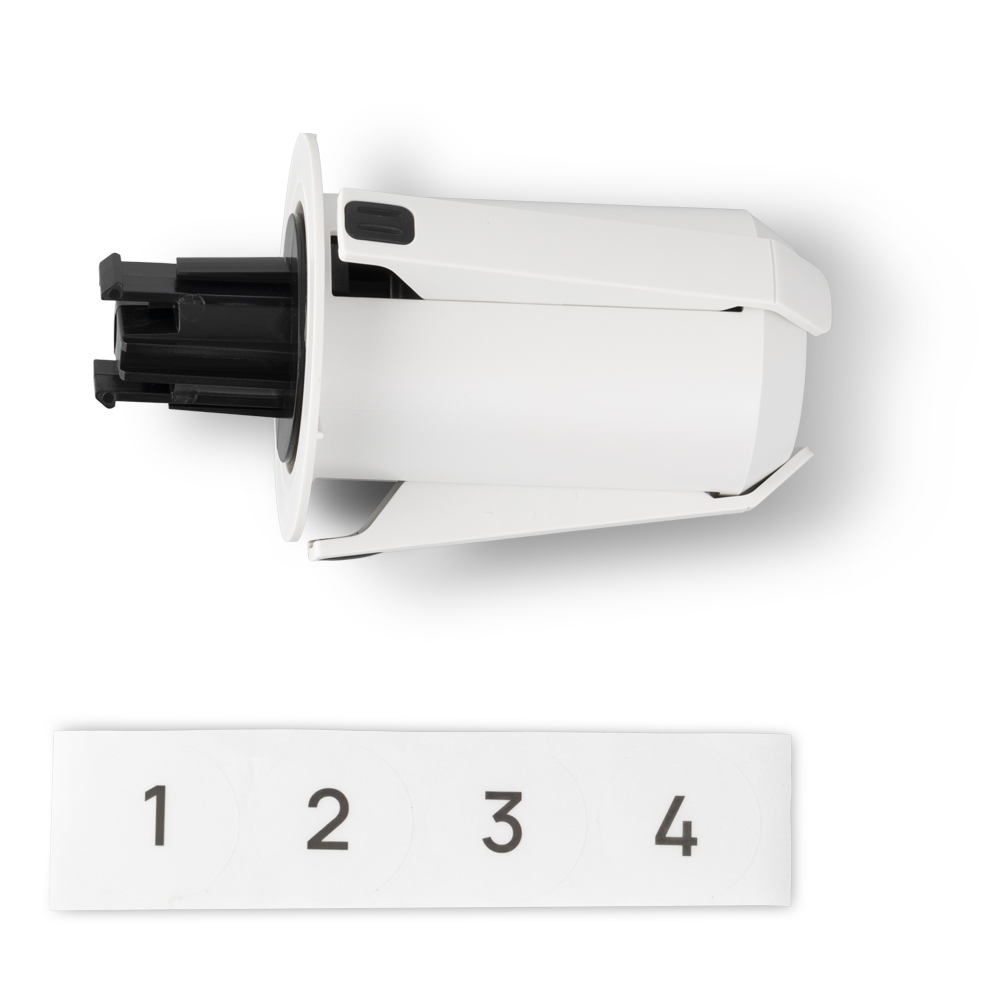 Side view of the Snapmaker U1 Filament Holder with black spool interface, plus four numbered label stickers (1–4).