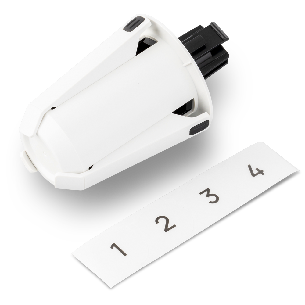 Snapmaker U1 Filament Holder angled view with black mount, plus 1–4 label stickers for organizing external filament spools.