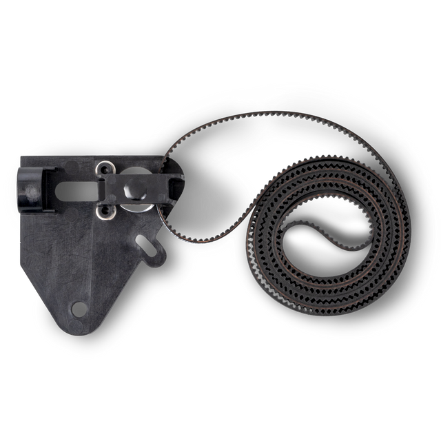 A top-down view of the Z-axis timing belt assembly for Snapmaker U1, featuring a black tensioner bracket and a coiled, toothed belt.