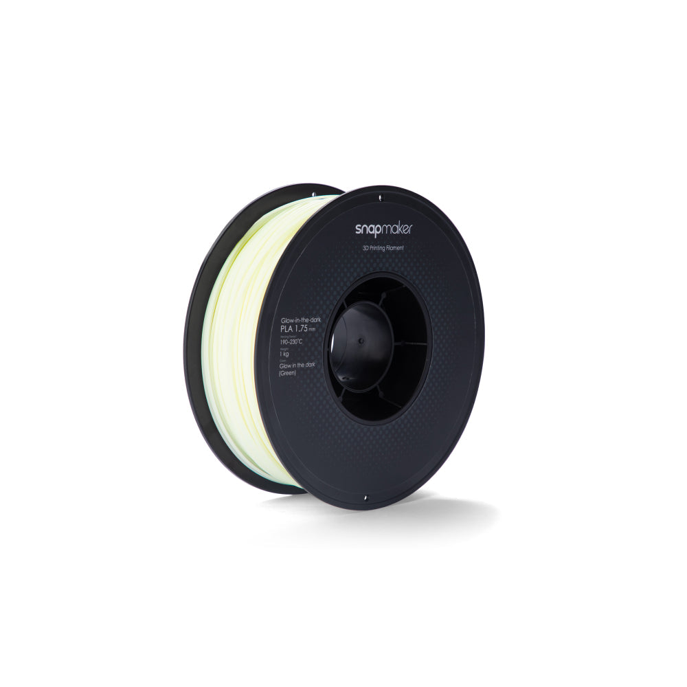 Snapmaker Glow-in-the-dark Green PLA filament spool for 3D printing, 1.75mm diameter.