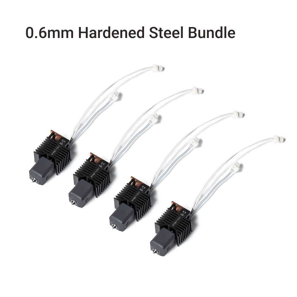 Snapmaker U1 0.6mm hardened steel hot end bundle showing four complete hot end assemblies with tubes and cable ends visible.
