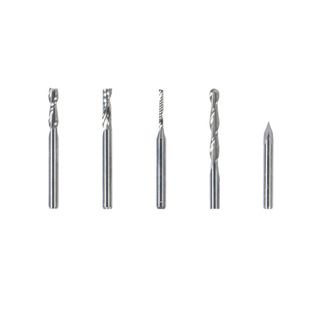 A lineup of Snapmaker CNC Bits (5 Bits) featuring flat end mills, a ball end mill, and a carving V-bit for versatile CNC projects.
