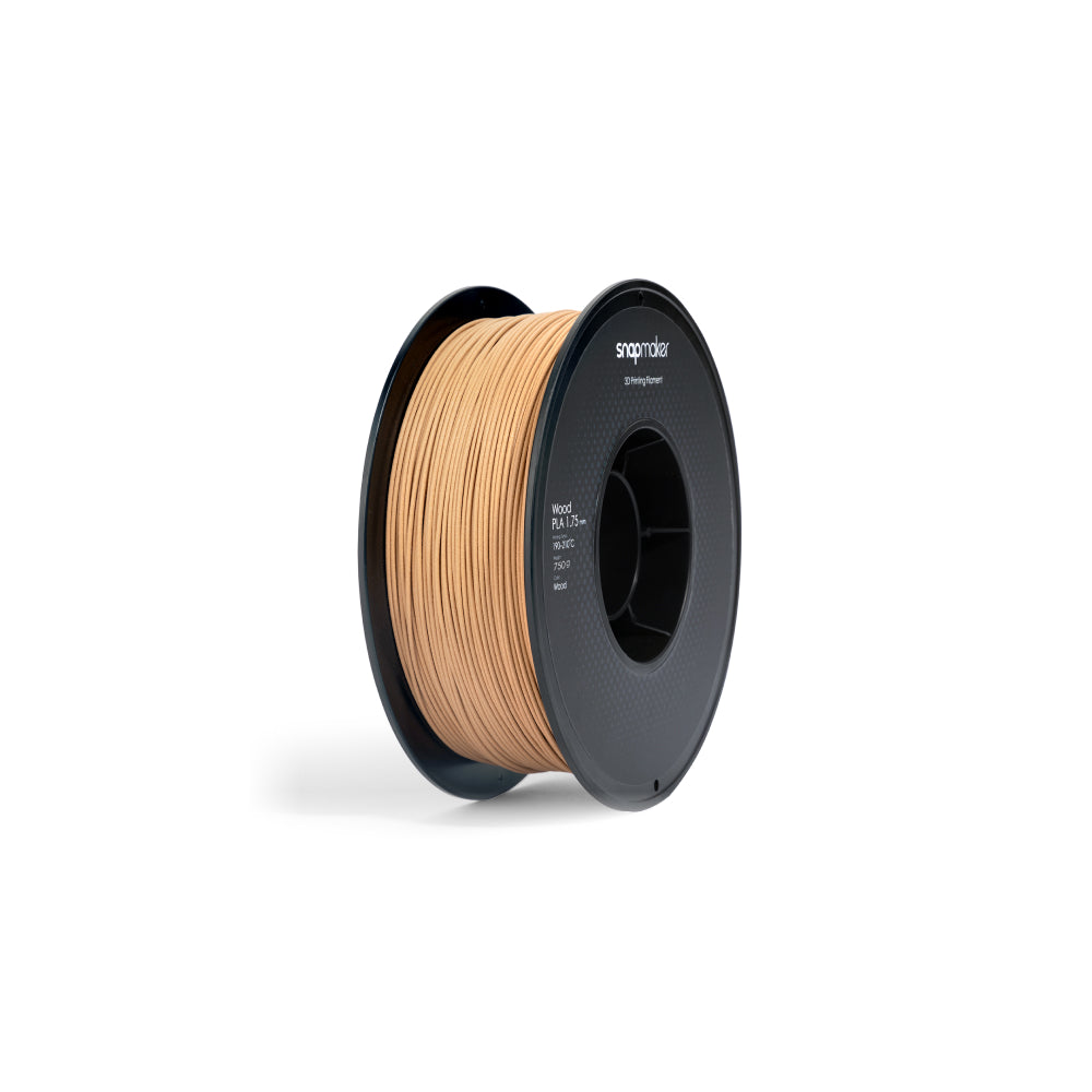 Snapmaker 1.75mm Wood PLA filament spool for 3D printing with a wood-like texture and finish.