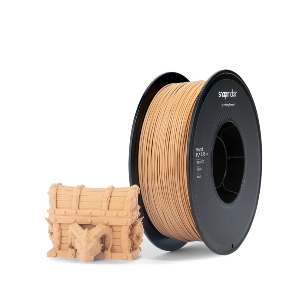 Snapmaker Wood PLA 3D printer filament with a printed model showcasing its natural wood-like finish.