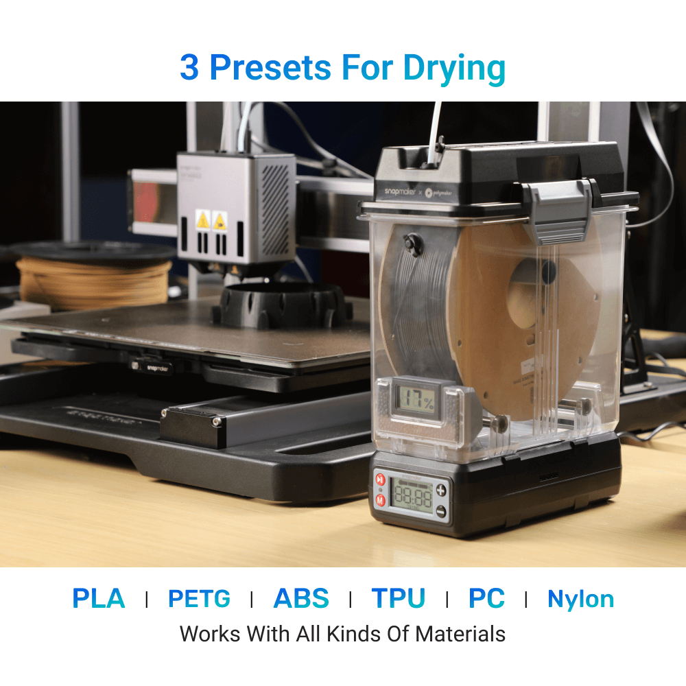 SnapDryer filament dryer supports PLA, PETG, ABS, TPU, and more for optimal 3D printing performance.