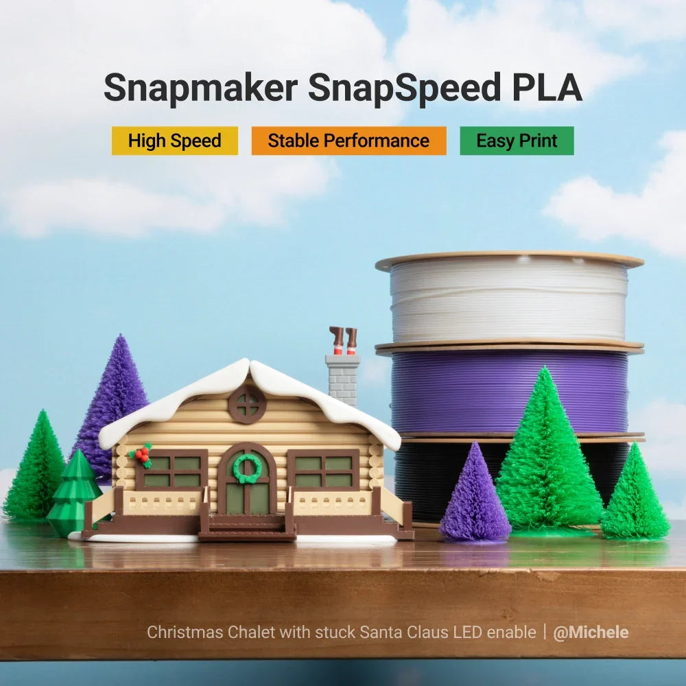 Snapmaker SnapSpeed PLA Filament used to print a colorful Christmas chalet model.