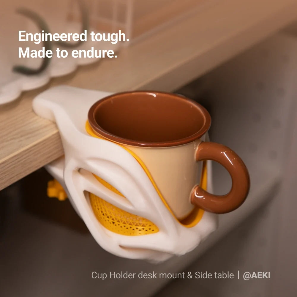 Cup holder desk mount printed with SnapSpeed PLA Filament holding a ceramic mug.
