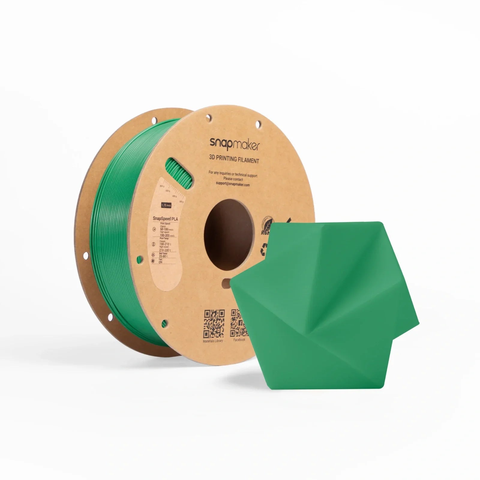 SnapSpeed PLA Filament green spool for eco-themed and decorative 3D projects.