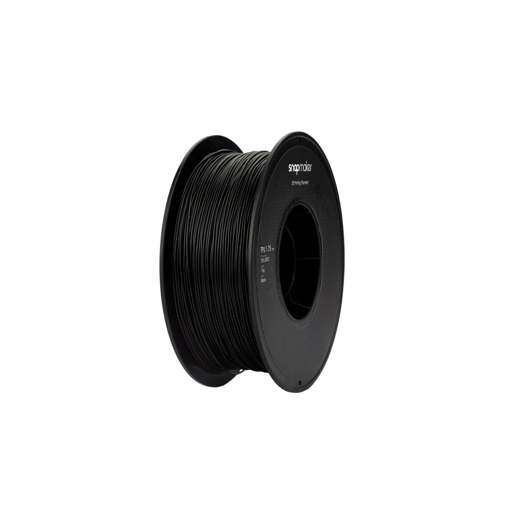 Side view of black Snapmaker 1kg TPU Filament spool. 