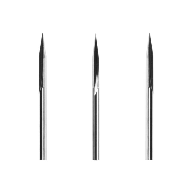 Three Snapmaker Straight Groove V-Bits arranged on a white background.
